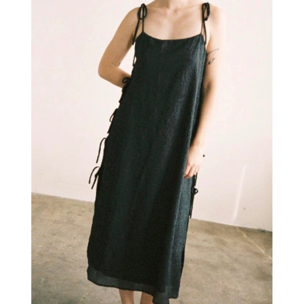 Lisa Says Gah Mar Tie Midi Dress Black Rose Jacquard Side Tie Spaghetti Strap S